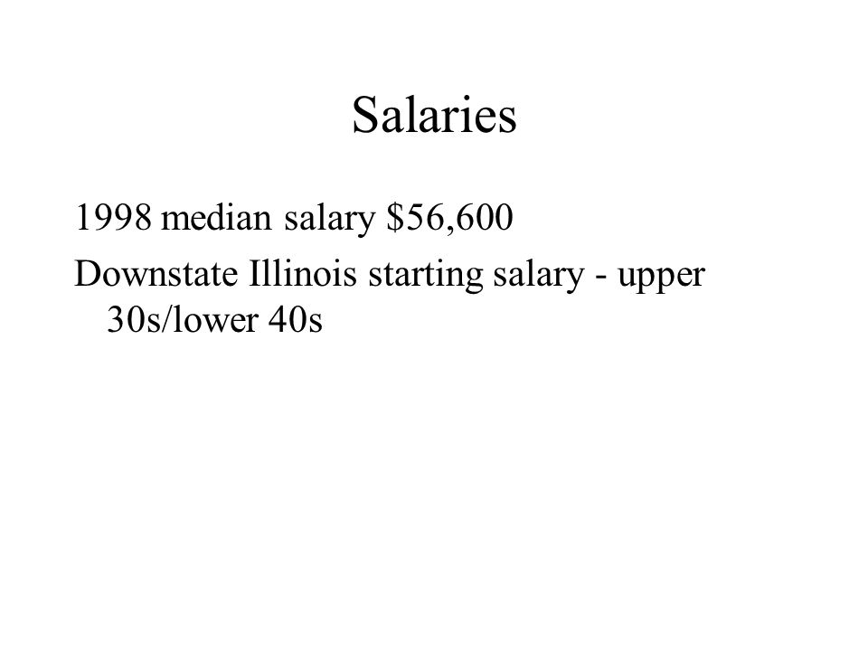 Salaries 1998 median salary $56,600 Downstate Illinois starting salary - upper 30s/lower 40s