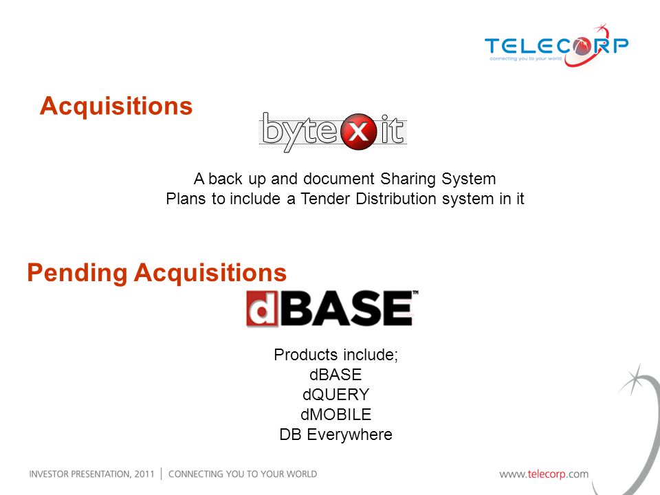 Acquisitions A back up and document Sharing System Plans to include a Tender Distribution system in it Products include; dBASE dQUERY dMOBILE DB Everywhere Pending Acquisitions