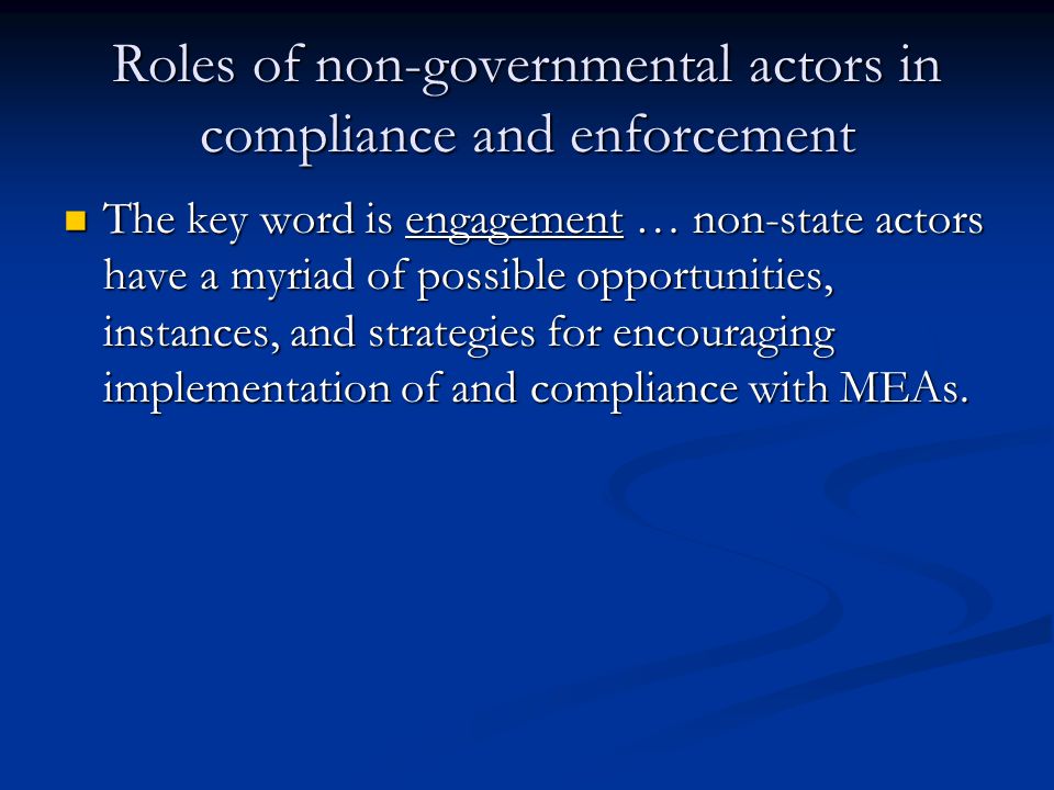 Roles of non-governmental actors in compliance and enforcement The key word is engagement … non-state actors have a myriad of possible opportunities, instances, and strategies for encouraging implementation of and compliance with MEAs.