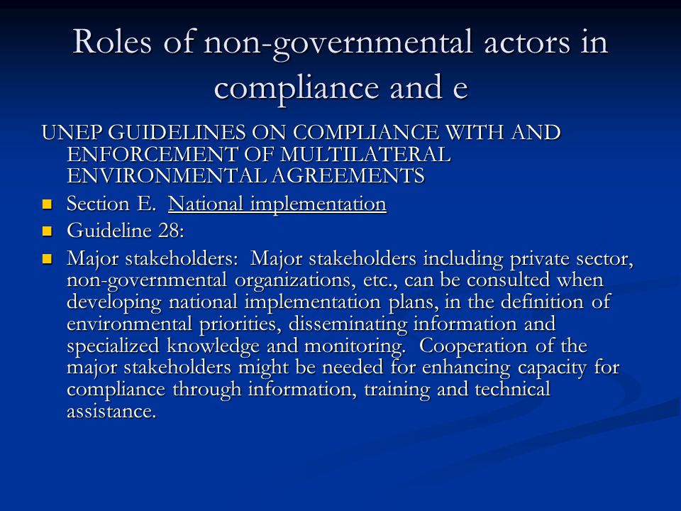 Roles of non-governmental actors in compliance and e UNEP GUIDELINES ON COMPLIANCE WITH AND ENFORCEMENT OF MULTILATERAL ENVIRONMENTAL AGREEMENTS Section E.