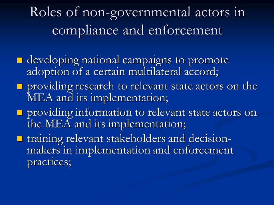 Roles of non-governmental actors in compliance and enforcement developing national campaigns to promote adoption of a certain multilateral accord; developing national campaigns to promote adoption of a certain multilateral accord; providing research to relevant state actors on the MEA and its implementation; providing research to relevant state actors on the MEA and its implementation; providing information to relevant state actors on the MEA and its implementation; providing information to relevant state actors on the MEA and its implementation; training relevant stakeholders and decision- makers in implementation and enforcement practices; training relevant stakeholders and decision- makers in implementation and enforcement practices;