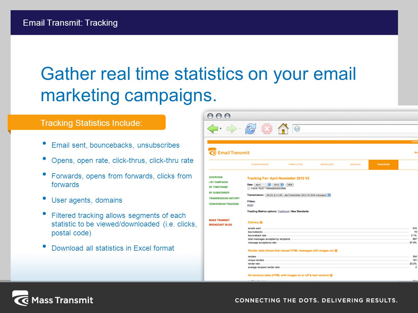 Transmit: Tracking Gather real time statistics on your  marketing campaigns.