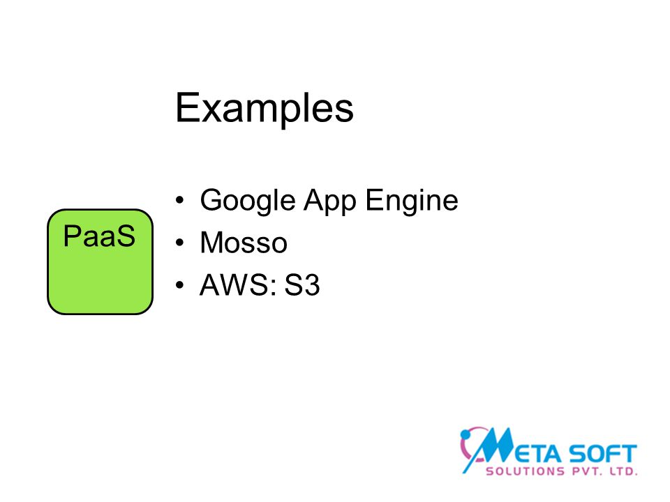 Examples Google App Engine Mosso AWS: S3 PaaS
