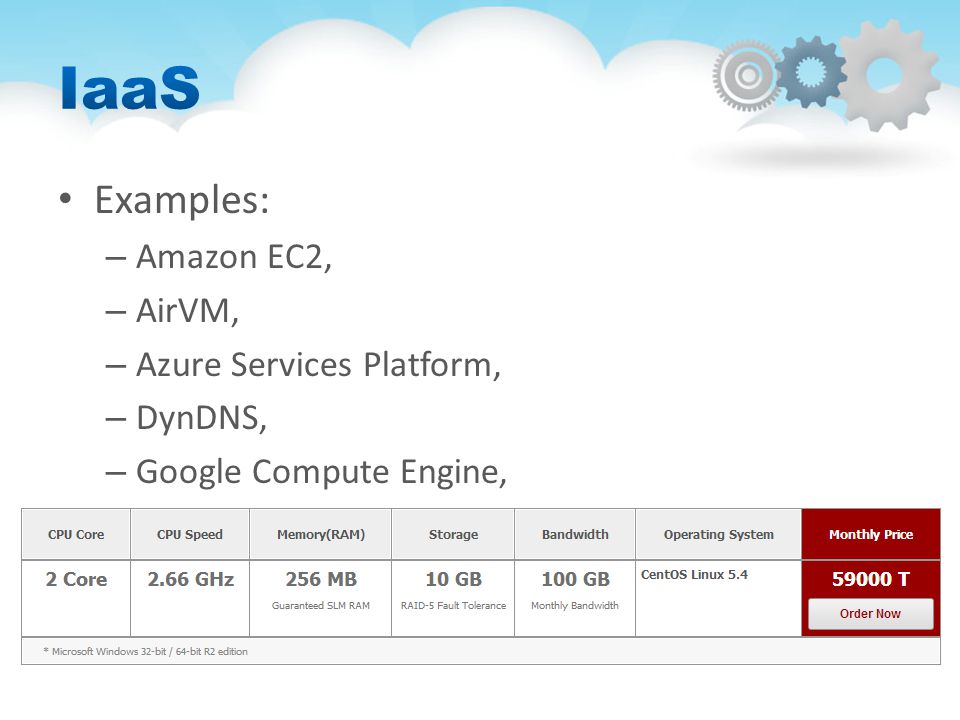 Examples: – Amazon EC2, – AirVM, – Azure Services Platform, – DynDNS, – Google Compute Engine,