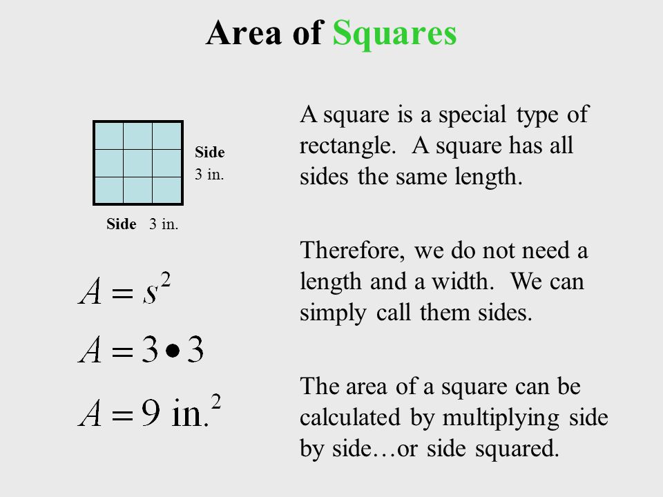 Area of Squares 3 in.Side 3 in. Side A square is a special type of rectangle.