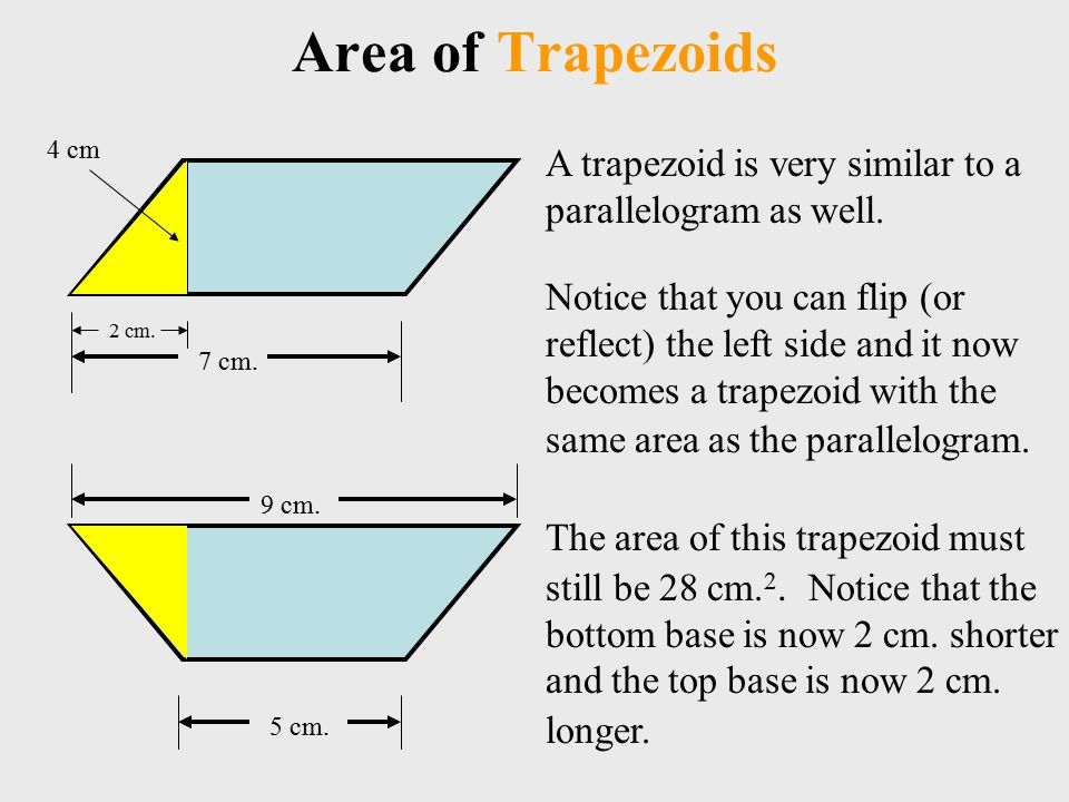 Area of Trapezoids 7 cm. 4 cm A trapezoid is very similar to a parallelogram as well.