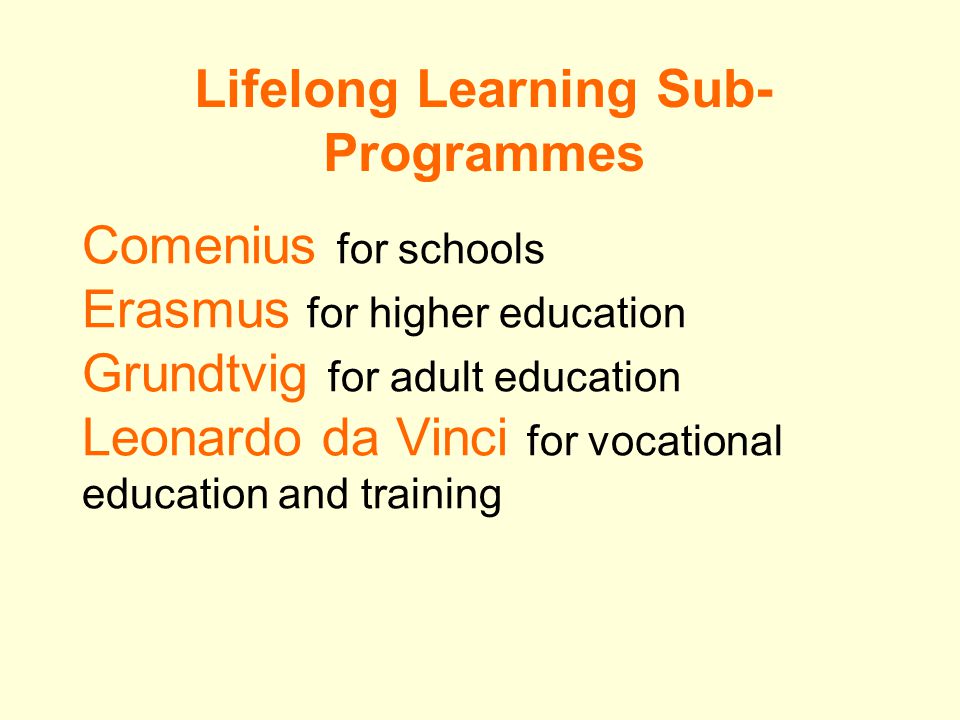 Comenius for schools Erasmus for higher education Grundtvig for adult education Leonardo da Vinci for vocational education and training Lifelong Learning Sub- Programmes