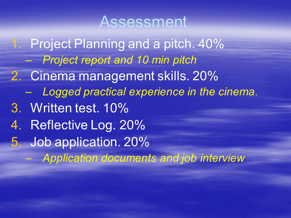 Assessment 1. 1.Project Planning and a pitch. 40% – –Project report and 10 min pitch 2.