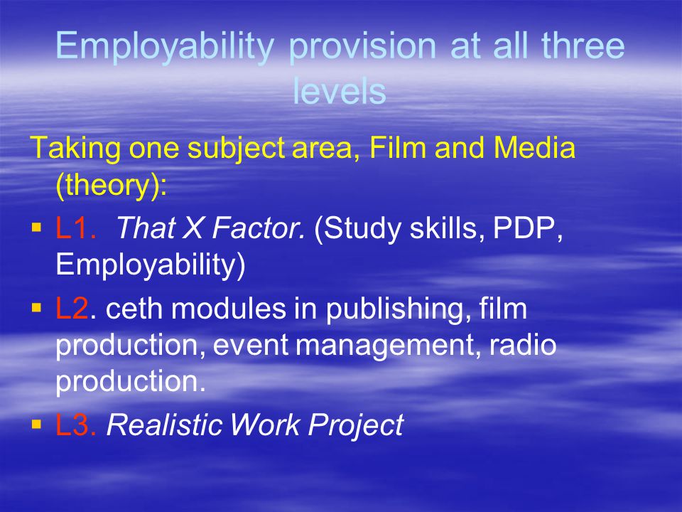 Employability provision at all three levels Taking one subject area, Film and Media (theory):   L1.
