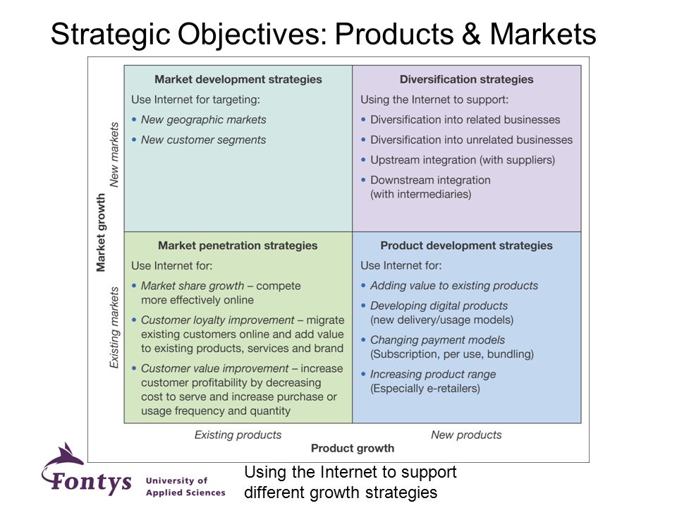 Using the Internet to support different growth strategies Strategic Objectives: Products & Markets