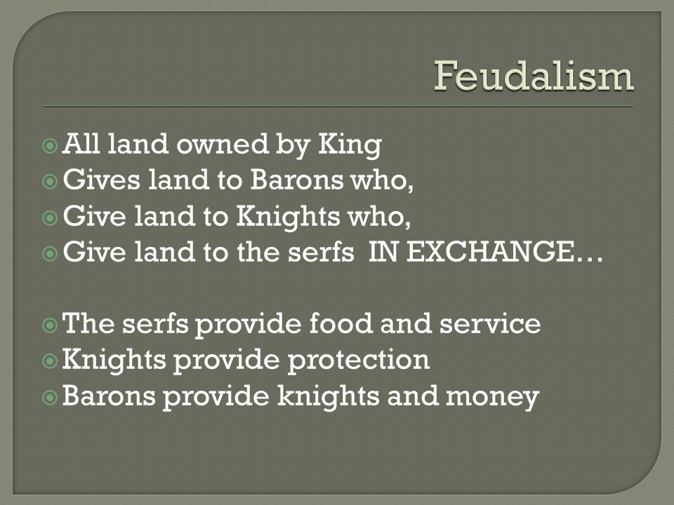  All land owned by King  Gives land to Barons who,  Give land to Knights who,  Give land to the serfs IN EXCHANGE…  The serfs provide food and service  Knights provide protection  Barons provide knights and money