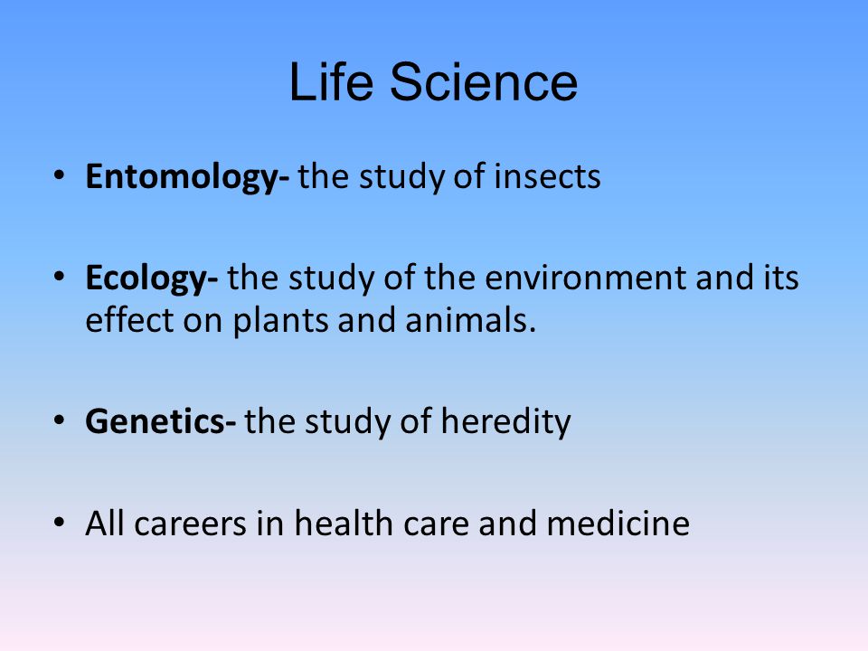 Life Science Entomology- the study of insects Ecology- the study of the environment and its effect on plants and animals.