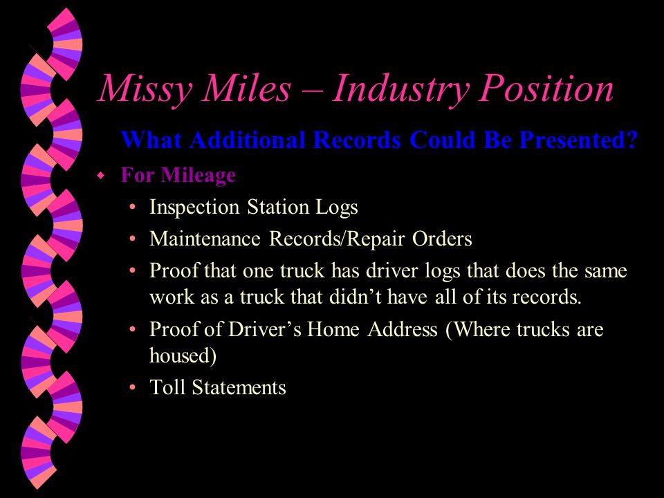 Missy Miles – Audit Position 5) Could reconcile vehicles to see if they have any non qualified diesel vehicles and/or equipment fueling from bulk tank.