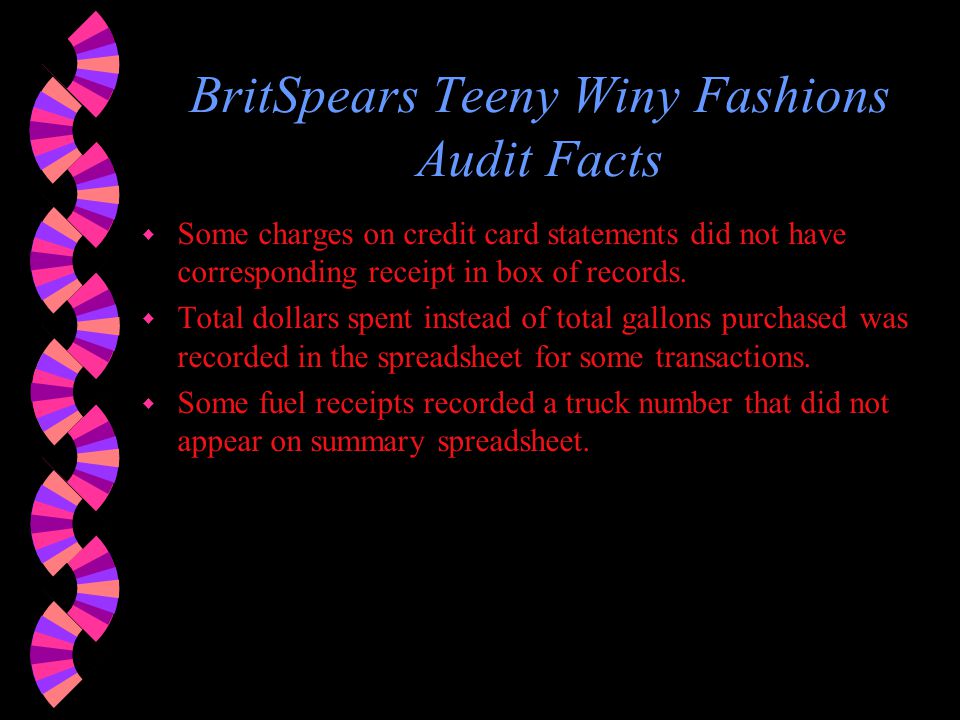 BritSpears Teeny Winy Fashions Audit Facts w Does not maintain daily trip sheets or odometer readings.