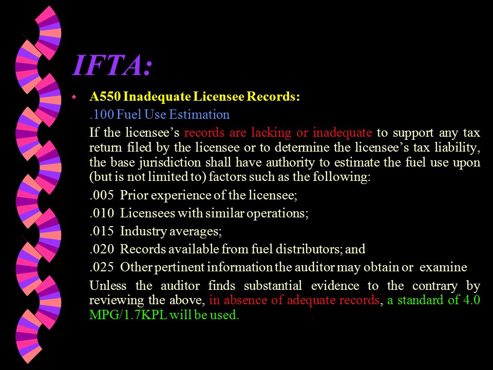 IFTA: w A540 Verification of Licensee Records.200 The Audit will be completed using the best information available to the base jurisdiction.