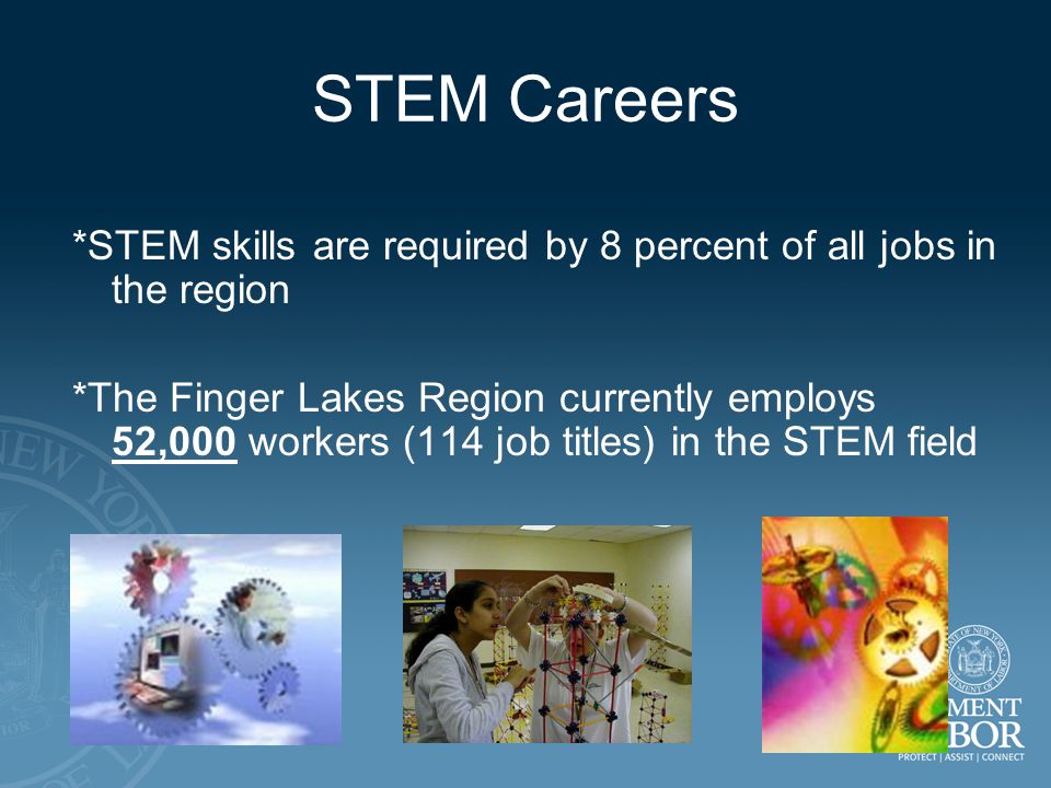 STEM Careers *STEM skills are required by 8 percent of all jobs in the region *The Finger Lakes Region currently employs 52,000 workers (114 job titles) in the STEM field