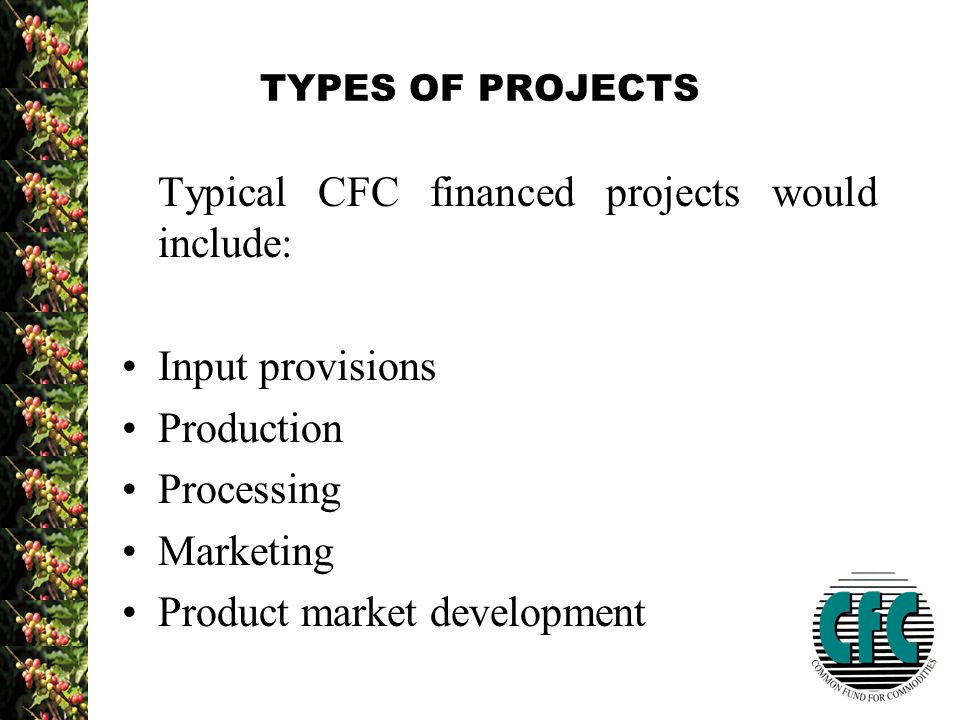 TYPES OF PROJECTS Typical CFC financed projects would include: Input provisions Production Processing Marketing Product market development