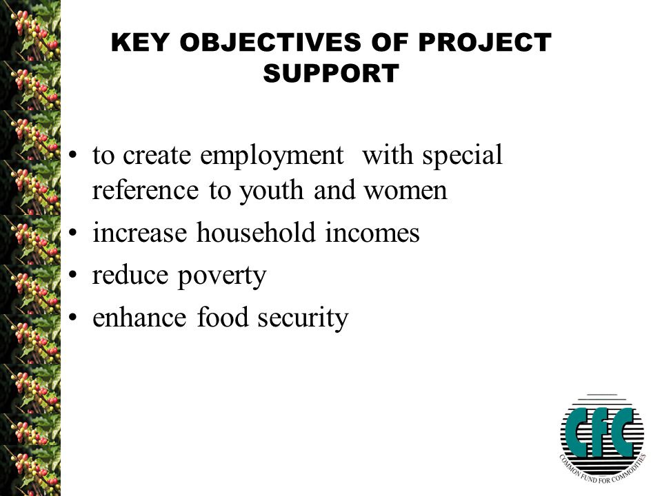 KEY OBJECTIVES OF PROJECT SUPPORT to create employment with special reference to youth and women increase household incomes reduce poverty enhance food security