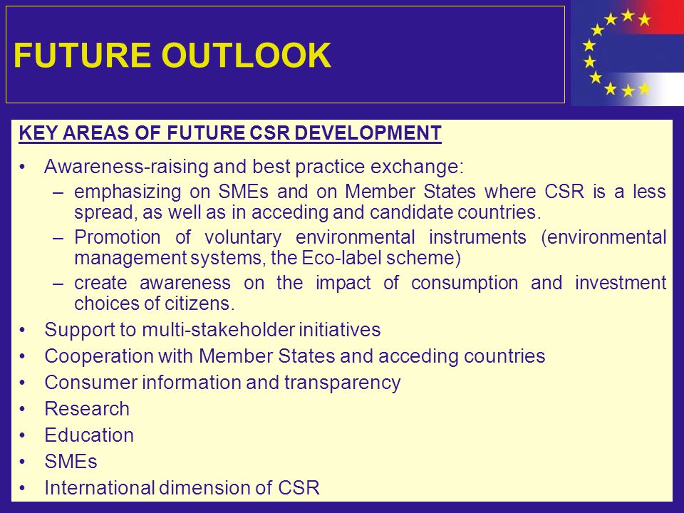 FUTURE OUTLOOK KEY AREAS OF FUTURE CSR DEVELOPMENT Awareness-raising and best practice exchange: –emphasizing on SMEs and on Member States where CSR is a less spread, as well as in acceding and candidate countries.