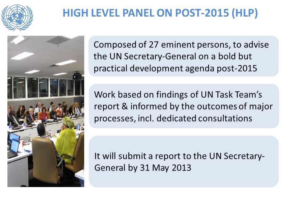 HIGH LEVEL PANEL ON POST-2015 (HLP) Composed of 27 eminent persons, to advise the UN Secretary-General on a bold but practical development agenda post-2015 Work based on findings of UN Task Team’s report & informed by the outcomes of major processes, incl.