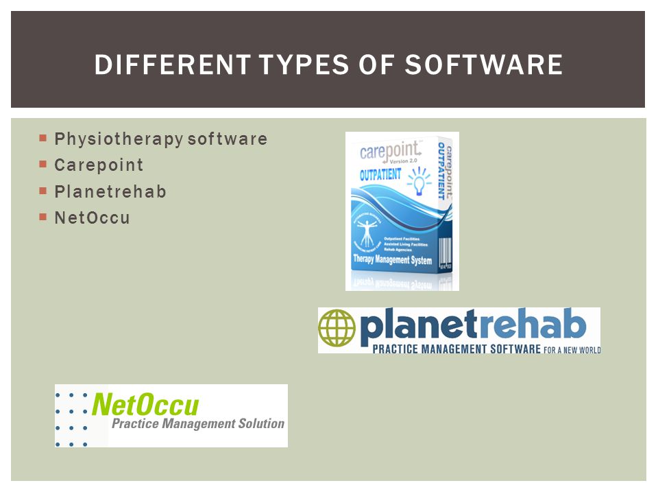  Physiotherapy software  Carepoint  Planetrehab  NetOccu DIFFERENT TYPES OF SOFTWARE