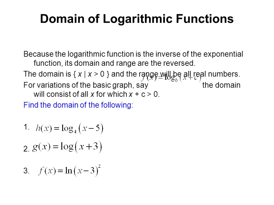 Domain of Logarithmic Functions Because the logarithmic function is the inverse of the exponential function, its domain and range are the reversed.