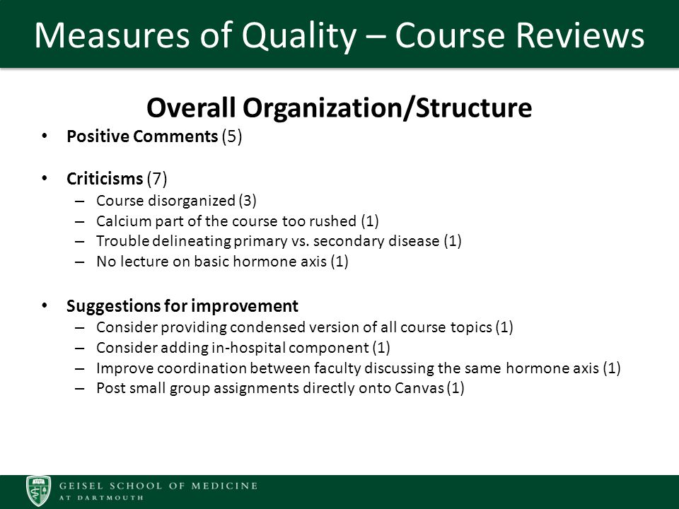 Measures of Quality – Course Reviews Overall Organization/Structure Positive Comments (5) Criticisms (7) – Course disorganized (3) – Calcium part of the course too rushed (1) – Trouble delineating primary vs.