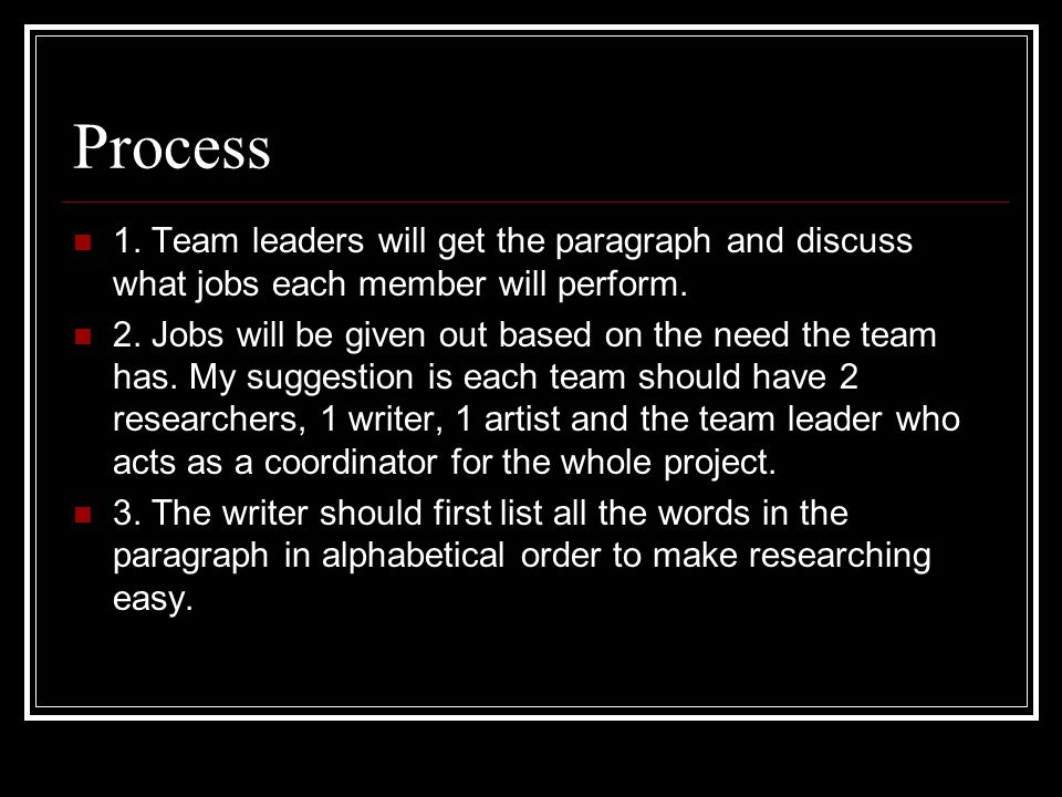 Process 1. Team leaders will get the paragraph and discuss what jobs each member will perform.