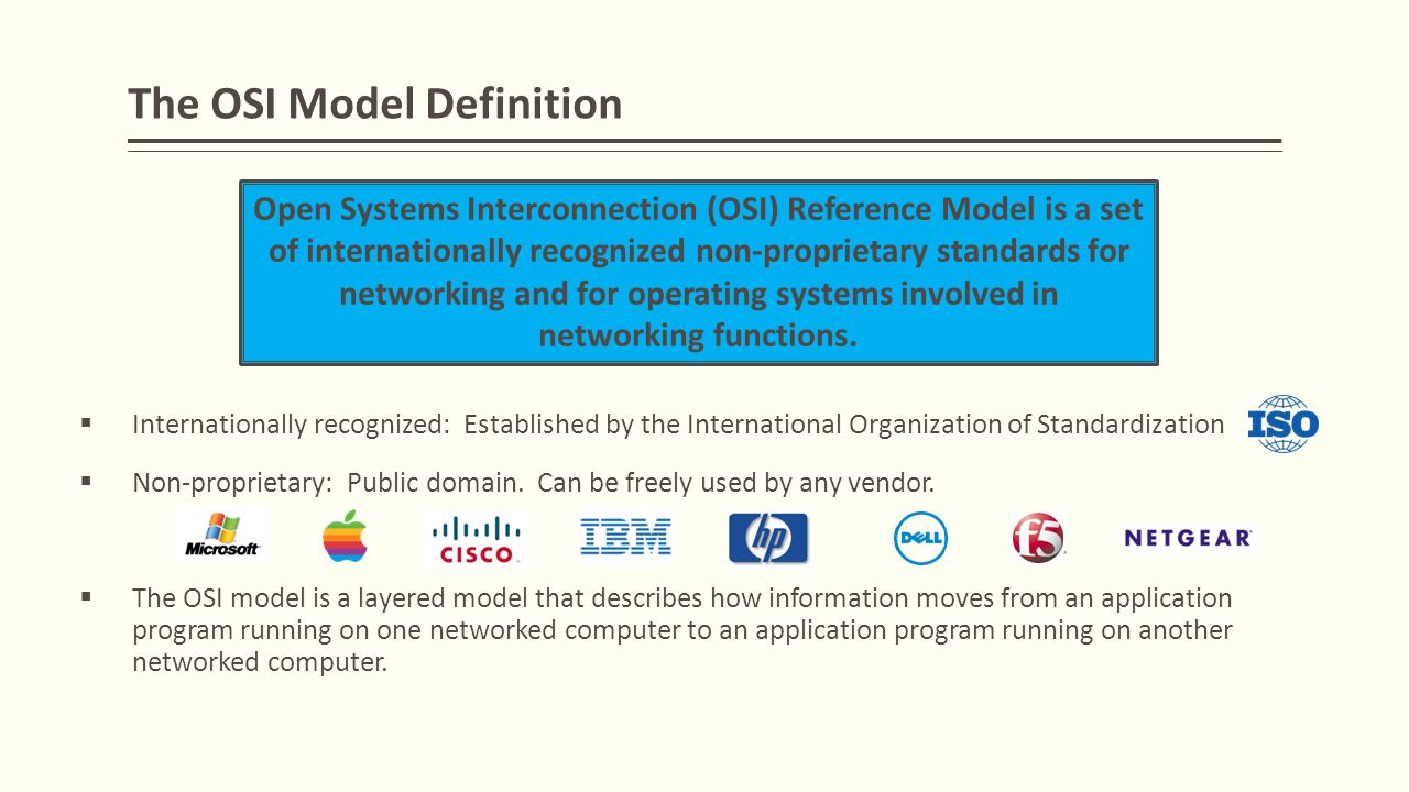 The OSI Model Definition  Internationally recognized: Established by the International Organization of Standardization  Non-proprietary: Public domain.