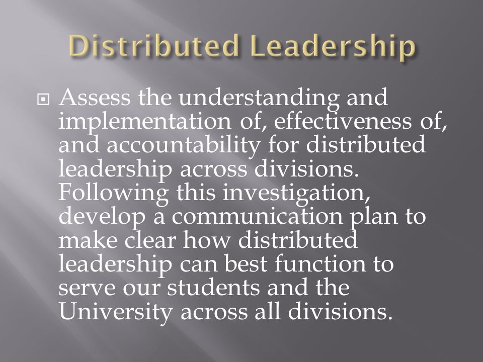  Assess the understanding and implementation of, effectiveness of, and accountability for distributed leadership across divisions.