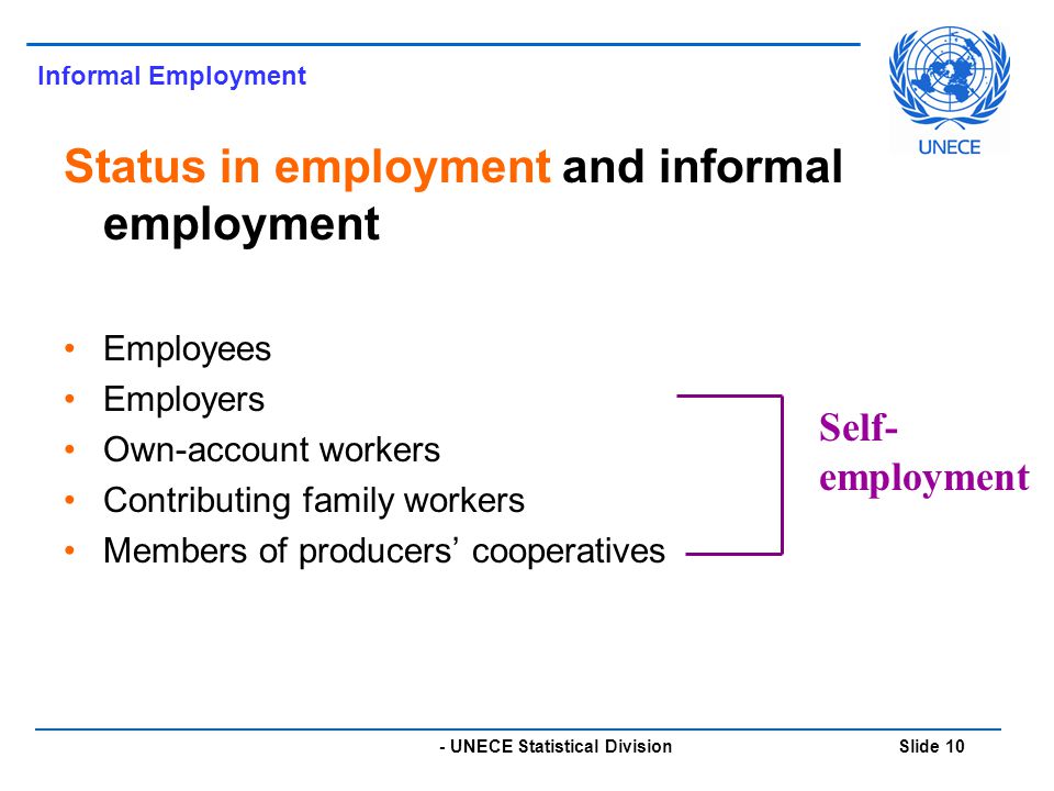 - UNECE Statistical Division Slide 10 Status in employment and informal employment Employees Employers Own-account workers Contributing family workers Members of producers’ cooperatives Informal Employment Self- employment