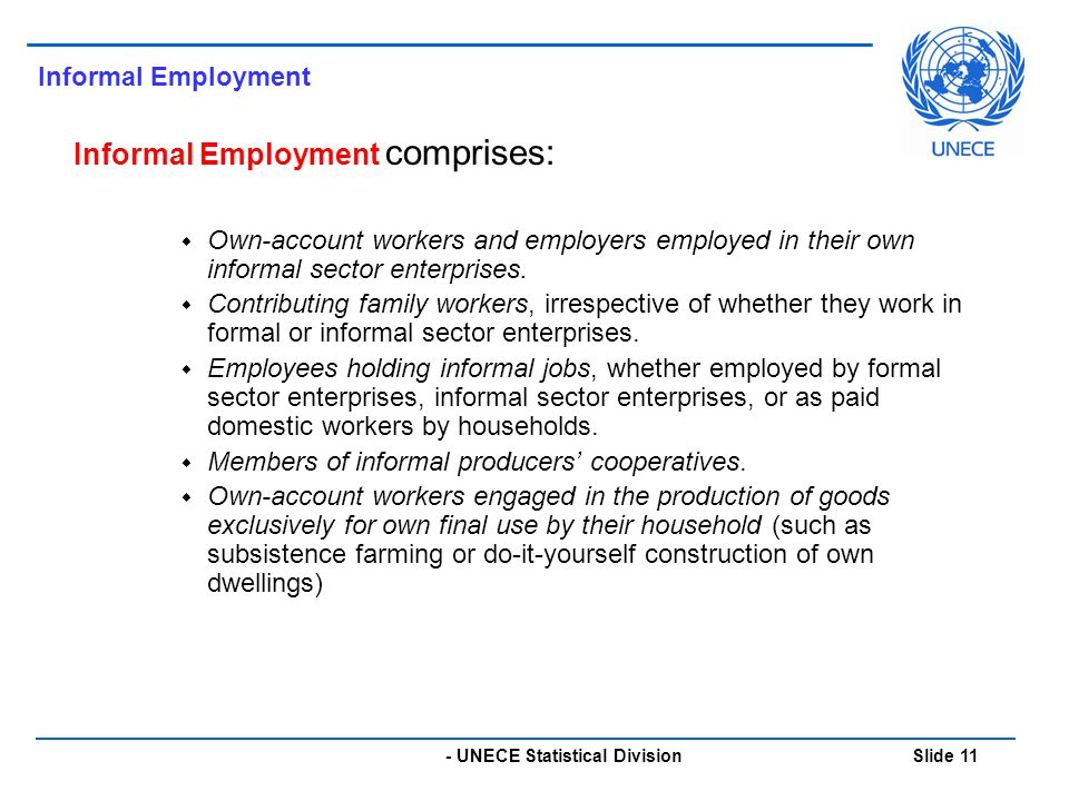 - UNECE Statistical Division Slide 11 Informal Employment Informal Employment comprises:  Own-account workers and employers employed in their own informal sector enterprises.