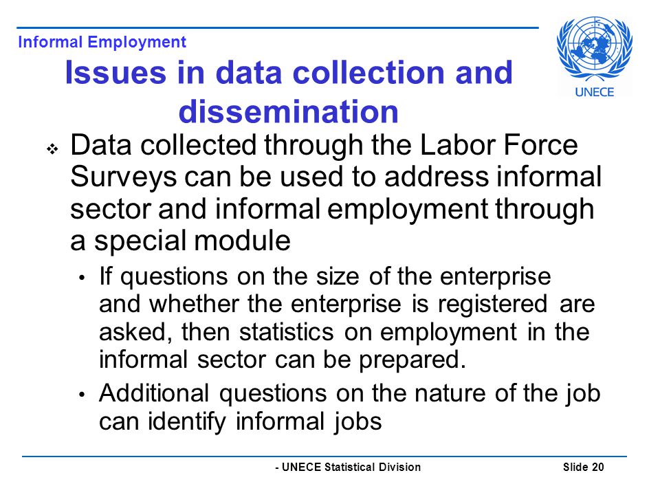 - UNECE Statistical Division Slide 20 Issues in data collection and dissemination  Data collected through the Labor Force Surveys can be used to address informal sector and informal employment through a special module If questions on the size of the enterprise and whether the enterprise is registered are asked, then statistics on employment in the informal sector can be prepared.