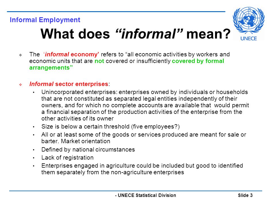 - UNECE Statistical Division Slide 3 Informal Employment What does informal mean.
