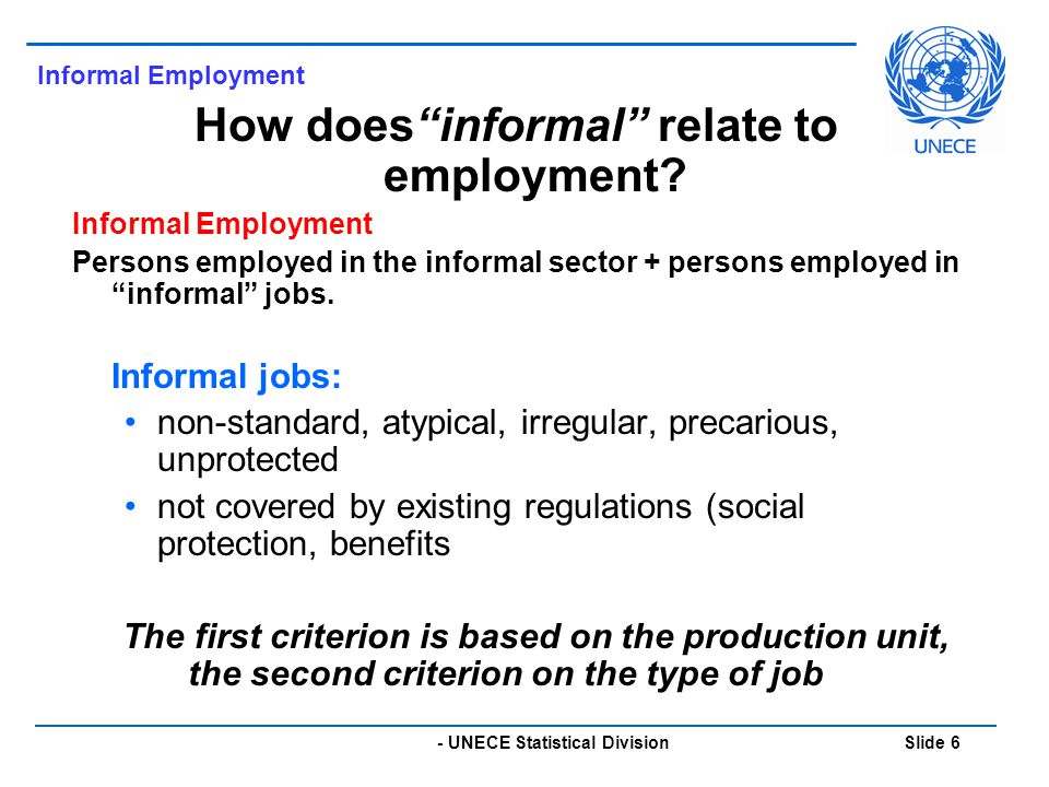 - UNECE Statistical Division Slide 6 Informal Employment How does informal relate to employment.