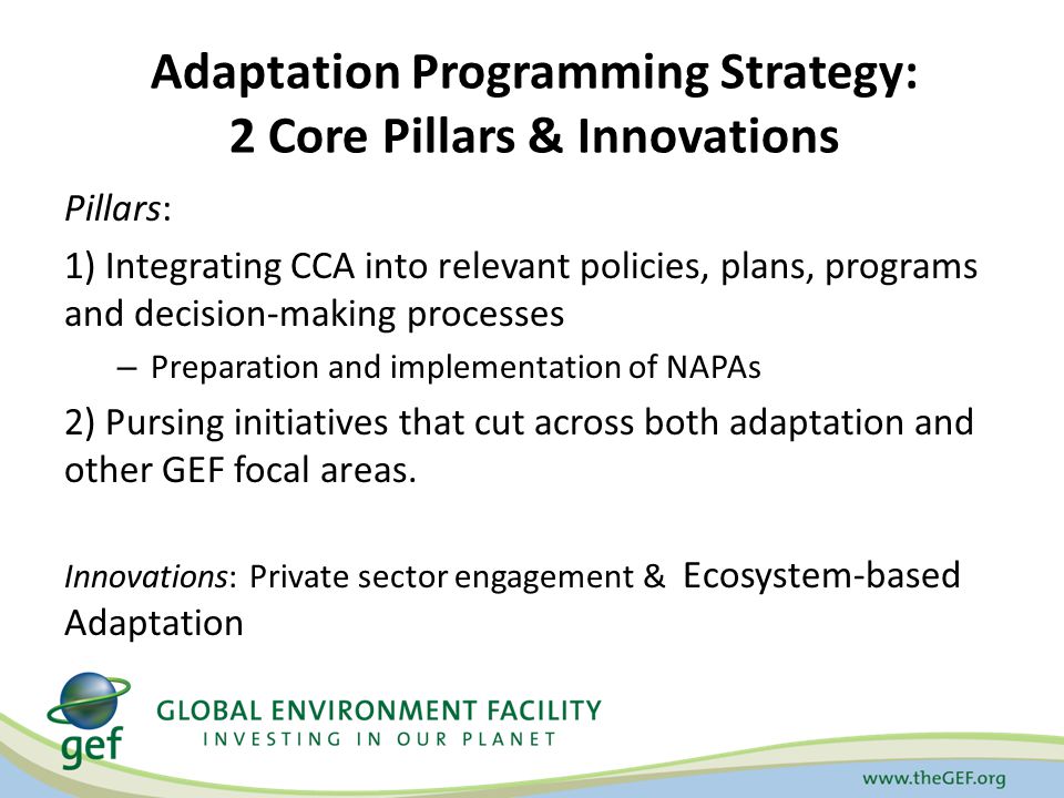 Adaptation Programming Strategy: 2 Core Pillars & Innovations Pillars: 1) Integrating CCA into relevant policies, plans, programs and decision-making processes – Preparation and implementation of NAPAs 2) Pursing initiatives that cut across both adaptation and other GEF focal areas.