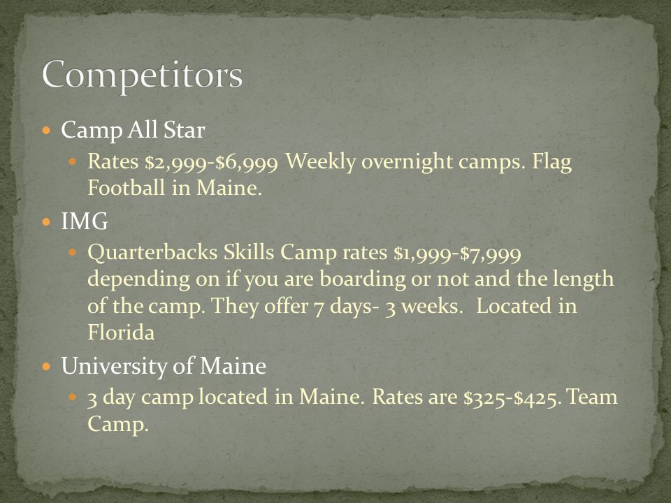Camp All Star Rates $2,999-$6,999 Weekly overnight camps.