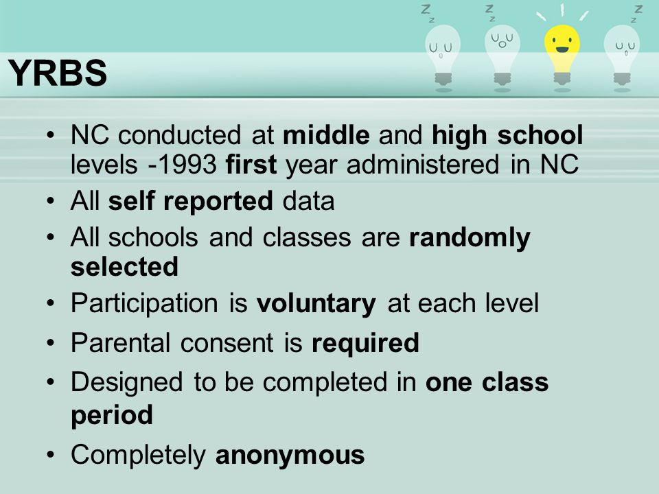 YRBS NC conducted at middle and high school levels first year administered in NC All self reported data All schools and classes are randomly selected Participation is voluntary at each level Parental consent is required Designed to be completed in one class period Completely anonymous