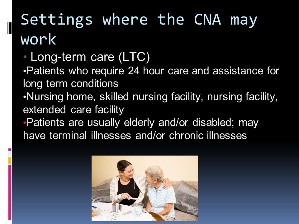 Settings where the CNA may work Long-term care (LTC) Patients who require 24 hour care and assistance for long term conditions Nursing home, skilled nursing facility, nursing facility, extended care facility Patients are usually elderly and/or disabled; may have terminal illnesses and/or chronic illnesses
