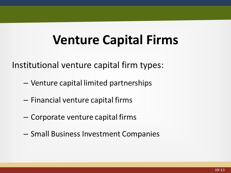 Venture Capital Firms Institutional venture capital firm types: – Venture capital limited partnerships – Financial venture capital firms – Corporate venture capital firms – Small Business Investment Companies 18-12