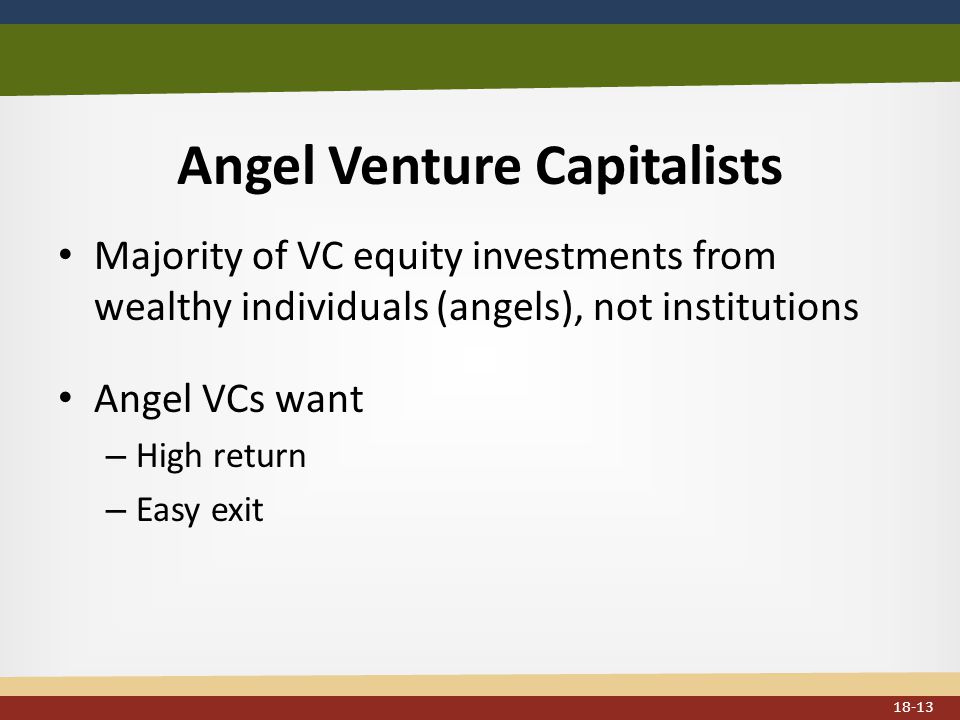 Angel Venture Capitalists Majority of VC equity investments from wealthy individuals (angels), not institutions Angel VCs want – High return – Easy exit 18-13