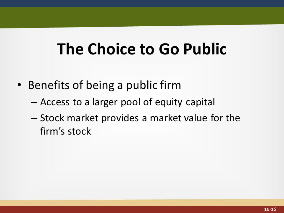 The Choice to Go Public Benefits of being a public firm – Access to a larger pool of equity capital – Stock market provides a market value for the firm’s stock 18-15