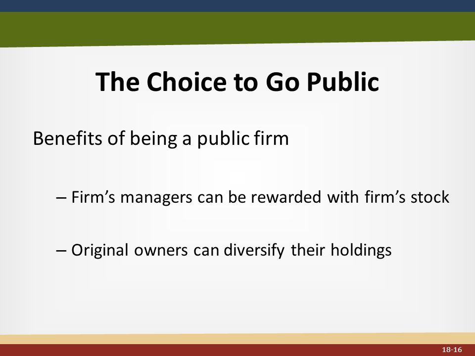 The Choice to Go Public Benefits of being a public firm – Firm’s managers can be rewarded with firm’s stock – Original owners can diversify their holdings 18-16