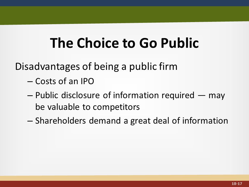 The Choice to Go Public Disadvantages of being a public firm – Costs of an IPO – Public disclosure of information required — may be valuable to competitors – Shareholders demand a great deal of information 18-17