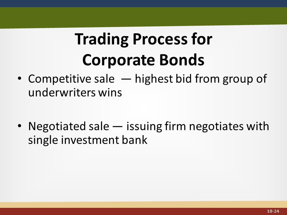 Trading Process for Corporate Bonds Competitive sale — highest bid from group of underwriters wins Negotiated sale — issuing firm negotiates with single investment bank 18-24