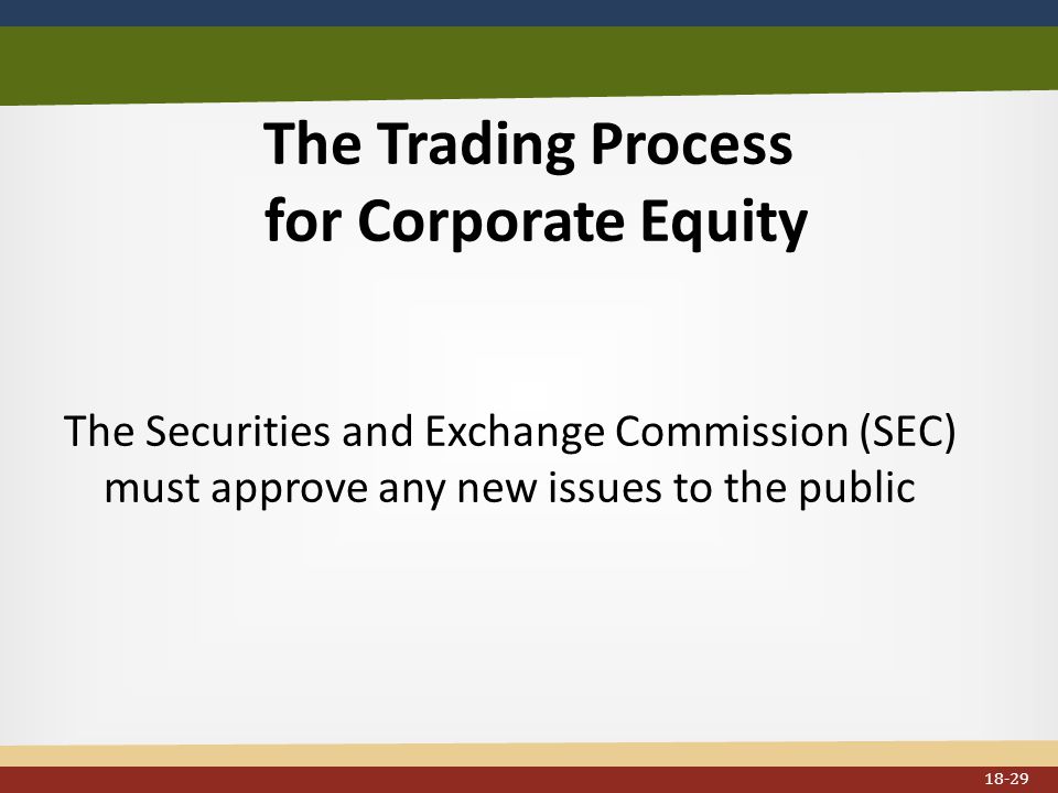 The Securities and Exchange Commission (SEC) must approve any new issues to the public The Trading Process for Corporate Equity 18-29