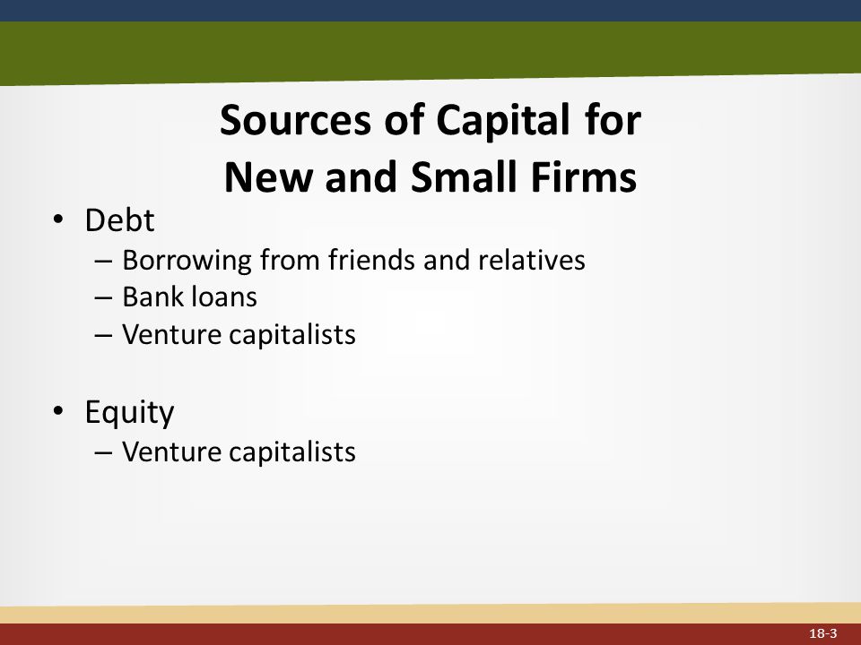 Sources of Capital for New and Small Firms Debt – Borrowing from friends and relatives – Bank loans – Venture capitalists Equity – Venture capitalists 18-3