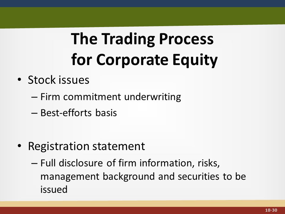 The Trading Process for Corporate Equity Stock issues – Firm commitment underwriting – Best-efforts basis Registration statement – Full disclosure of firm information, risks, management background and securities to be issued 18-30