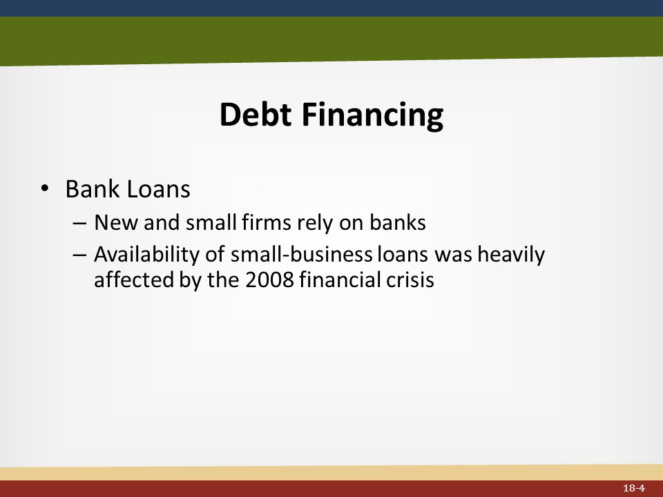 Debt Financing Bank Loans – New and small firms rely on banks – Availability of small-business loans was heavily affected by the 2008 financial crisis 18-4