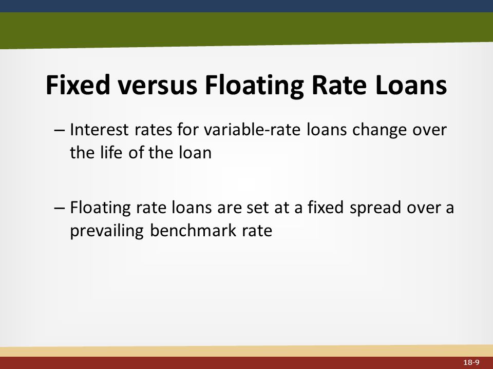 Fixed versus Floating Rate Loans – Interest rates for variable-rate loans change over the life of the loan – Floating rate loans are set at a fixed spread over a prevailing benchmark rate 18-9